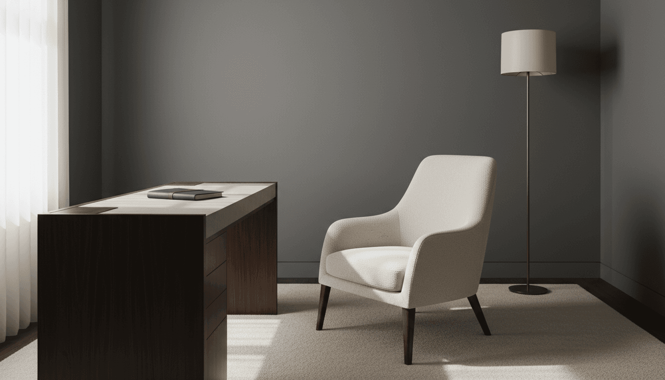 Private consultation room with a single armchair and desk, soft natural light, calm atmosphere