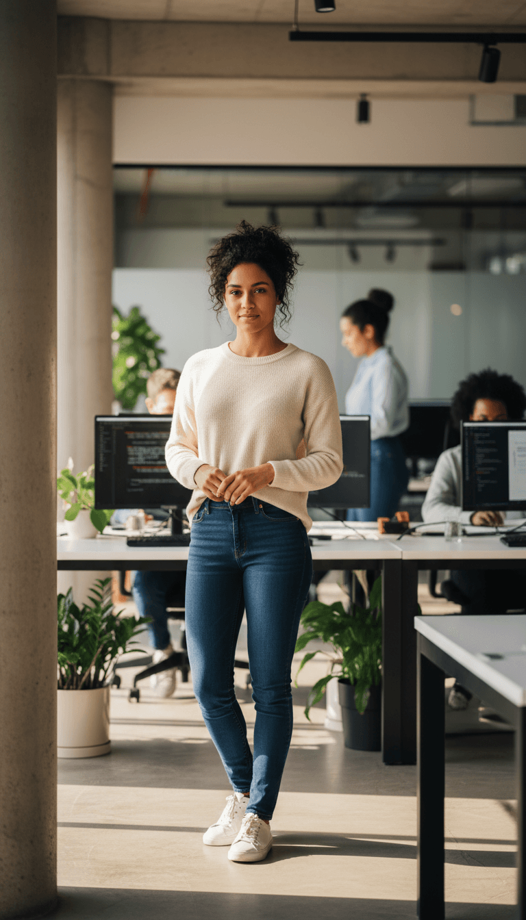 Female software engineer standing confidently in modern tech office with natural window lighting
