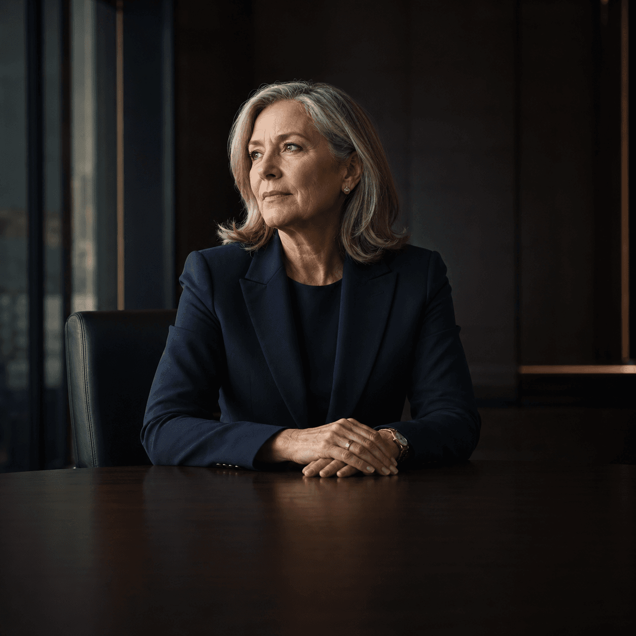 A mature woman with grey hair sits thoughtfully at a dark wooden boardroom table.