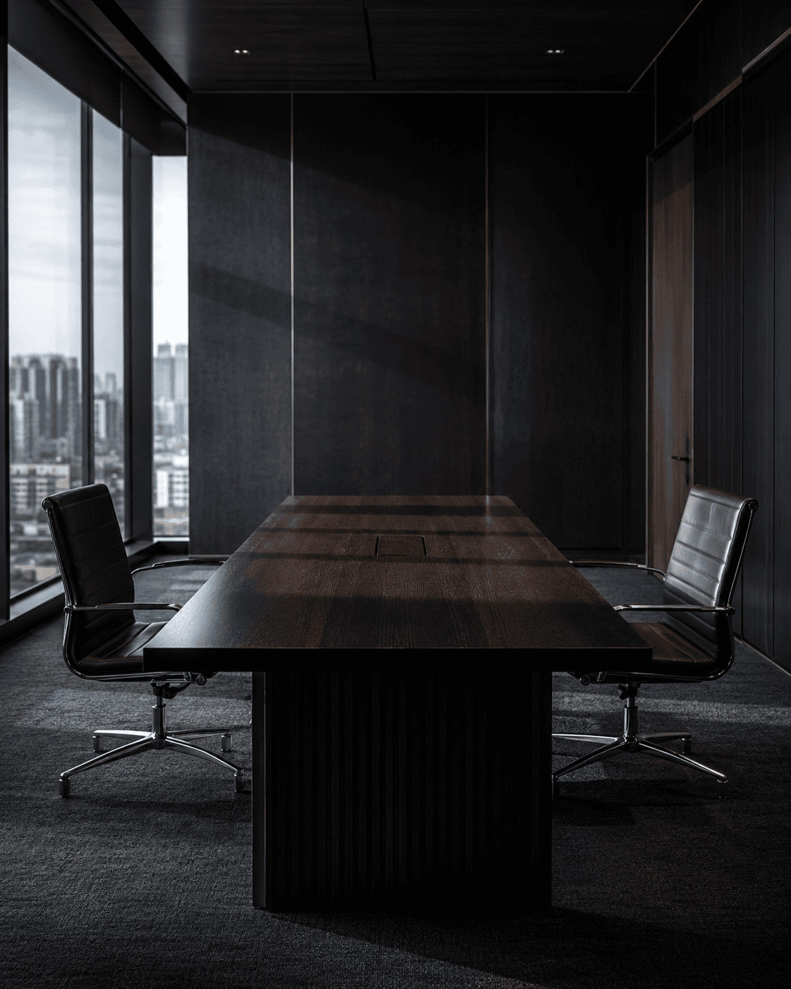Moody, modern boardroom featuring a dark wooden table and leather chairs overlooking a city skyline.